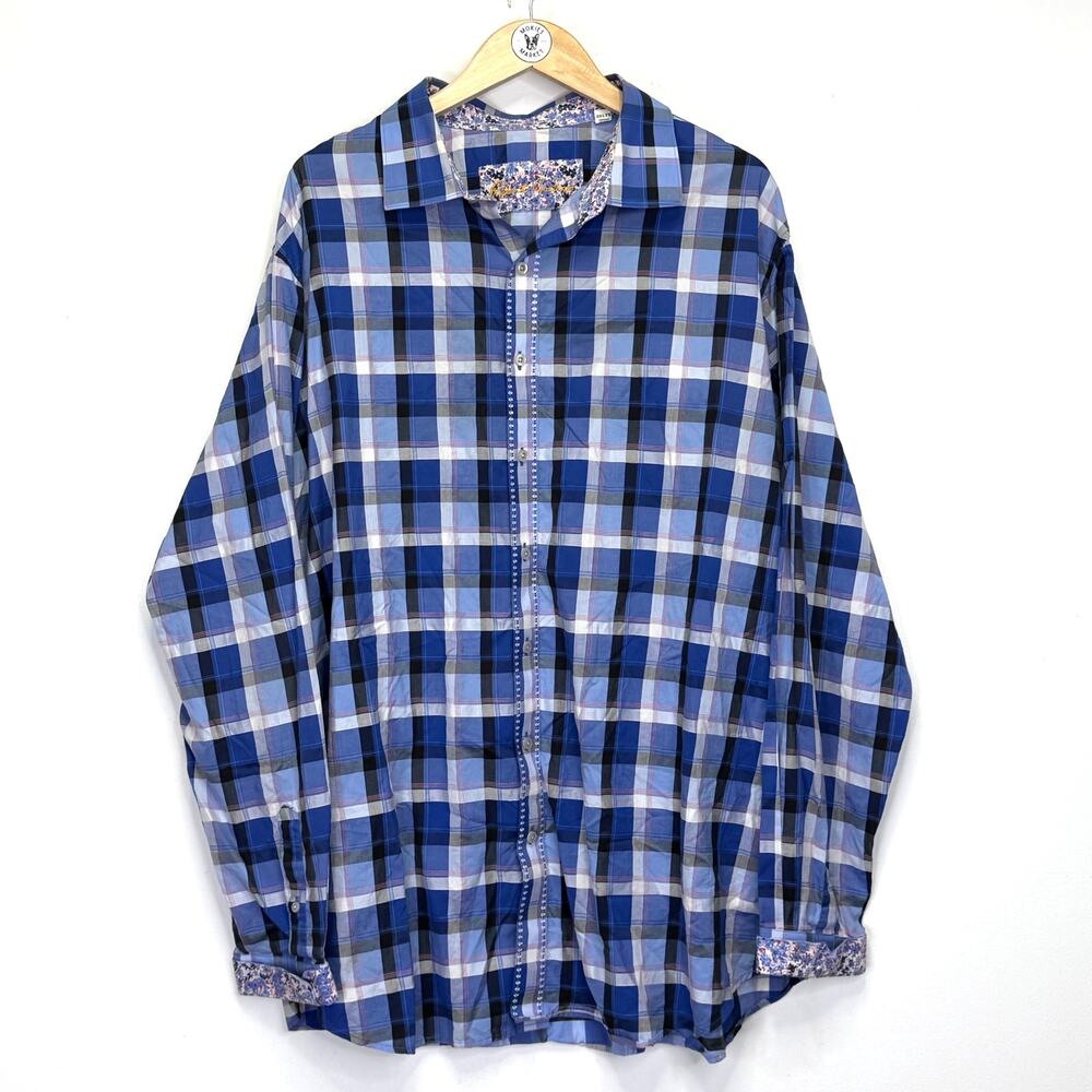 ROBERT GRAHAM Button Up Mens 2XLT Blue Black Plaid Floral Elevated Versatile